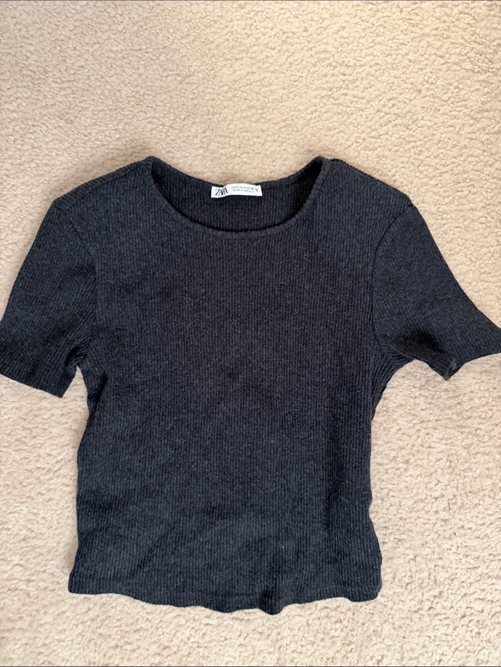 Zara Short Sleeve Ribbed Knit Top - Charcoal Gray